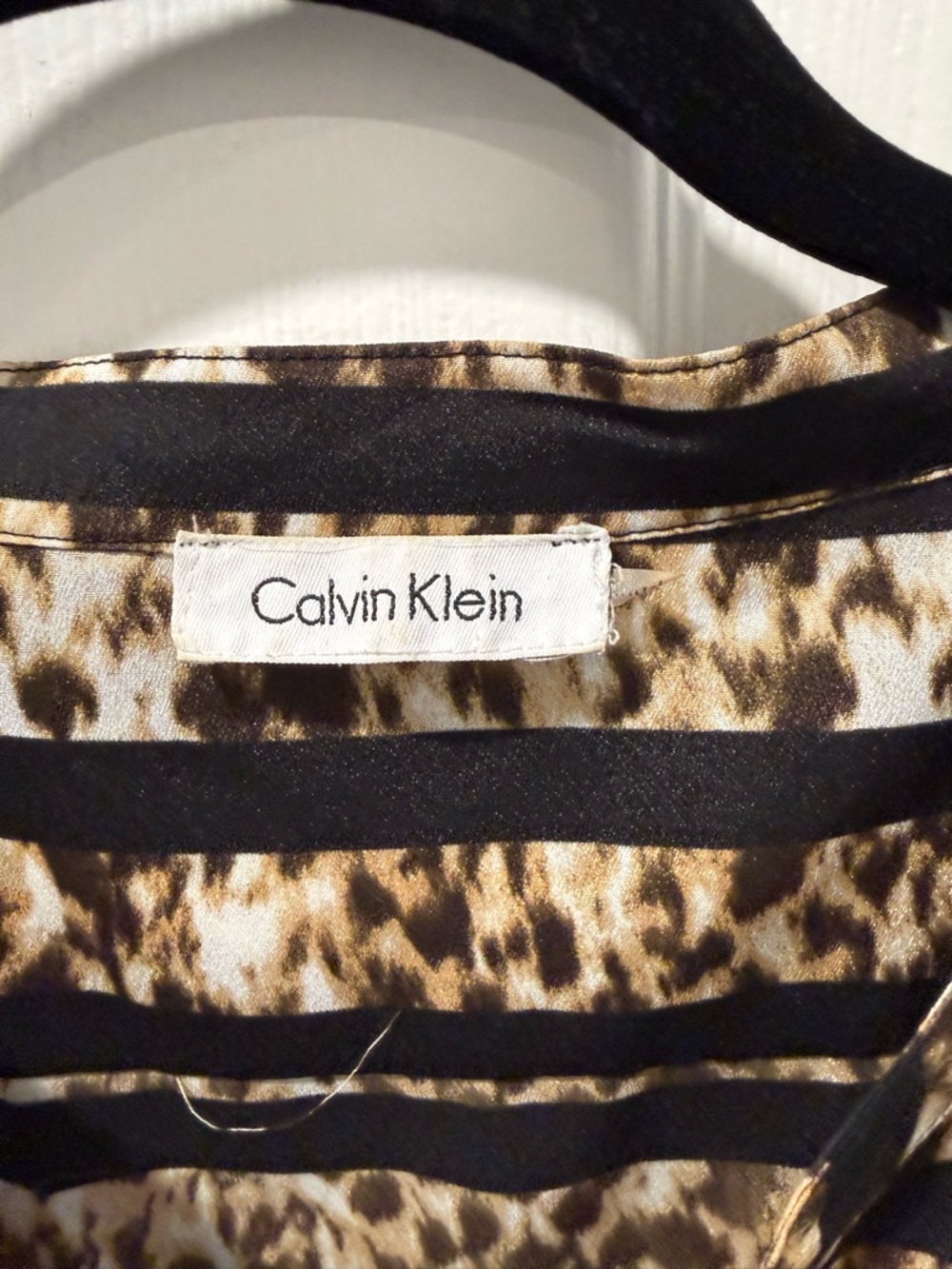 Calvin Klein Black and Tan Striped Leopard Print Button-Up Blouse - Picture 3 of 5
